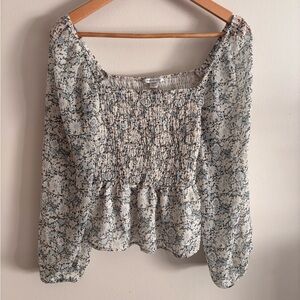 American Eagle Outfitters Floral Smocked Blouse - Blue and White